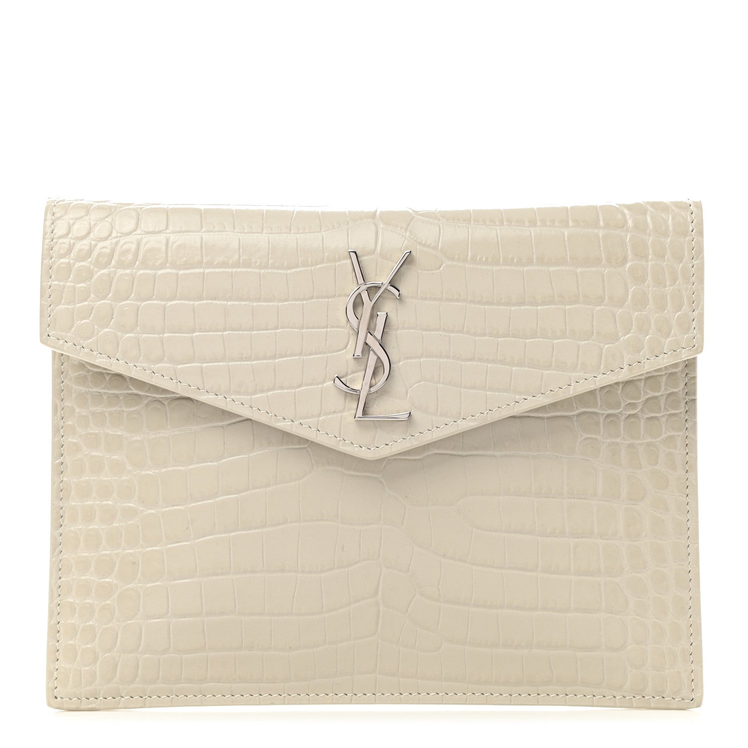 Saint Laurent Calfskin Crocodile Embossed Monogram Uptown Baby Pouch Perle 1 of 7