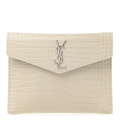 Saint Laurent Calfskin Crocodile Embossed Monogram Uptown Baby Pouch Perle 1 of 7