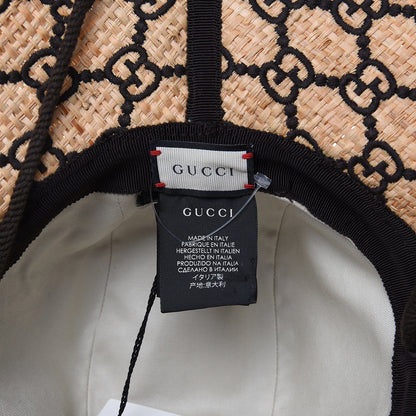 Gucci Raffia Elaphe GG Monogram Embroidered Wide Brim Hat Ivory Black 4 of 5