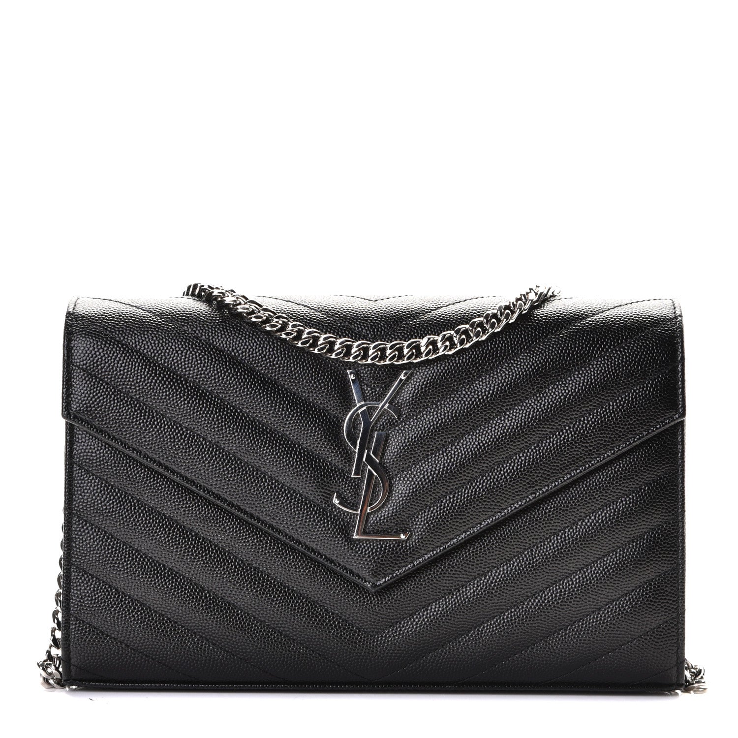 Saint Laurent Grain De Poudre Matelasse Chevron Monogram Chain Wallet Black 1 of 7