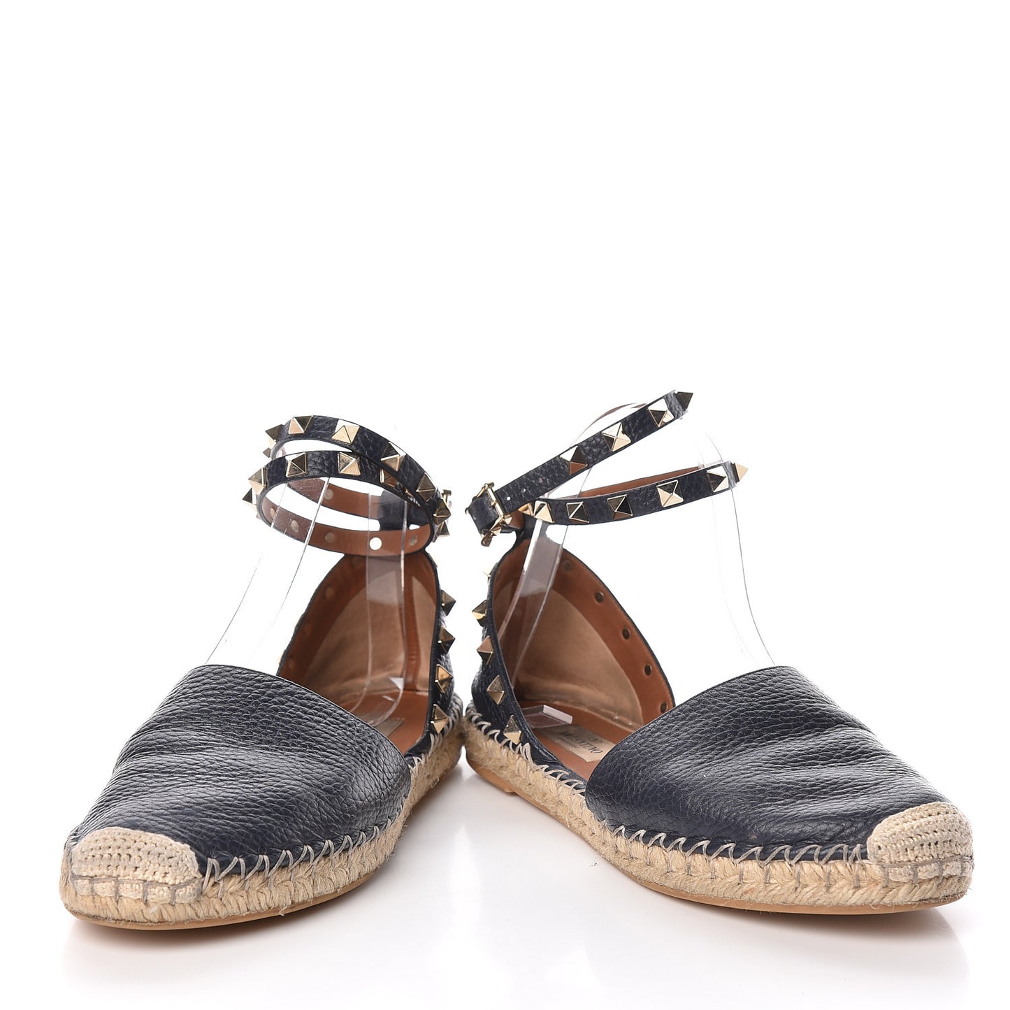 Grained Calfskin Rockstud Ankle Wrap Espadrille 20mm Flats 37 Black Light Cuir Natural