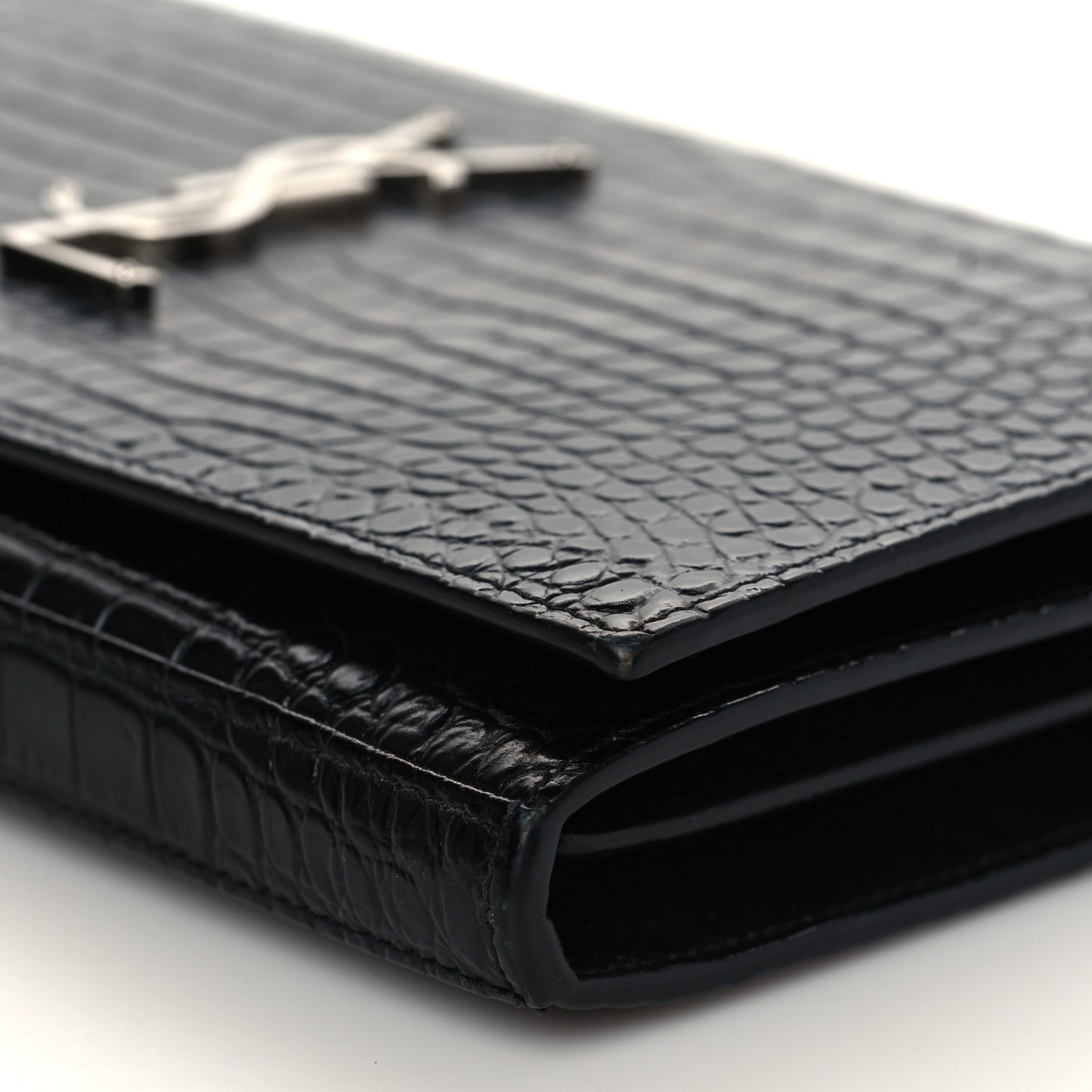 Calfskin Crocodile Embossed Monogram Chain Wallet Black