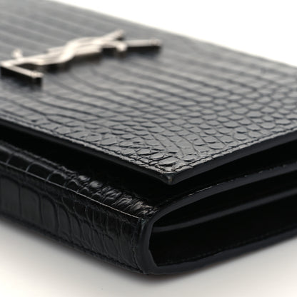 Saint Laurent Calfskin Crocodile Embossed Monogram Chain Wallet Black 8 of 10