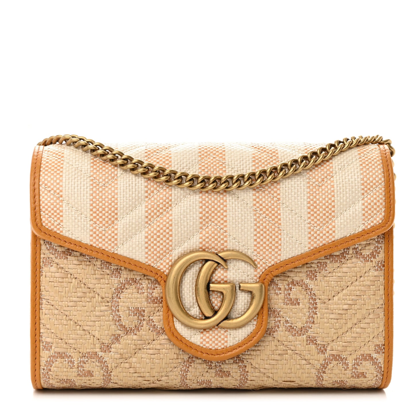 Raffia GG Monogram Matelasse GG Marmont Chain Wallet Natural Beige Off White Sun Oil