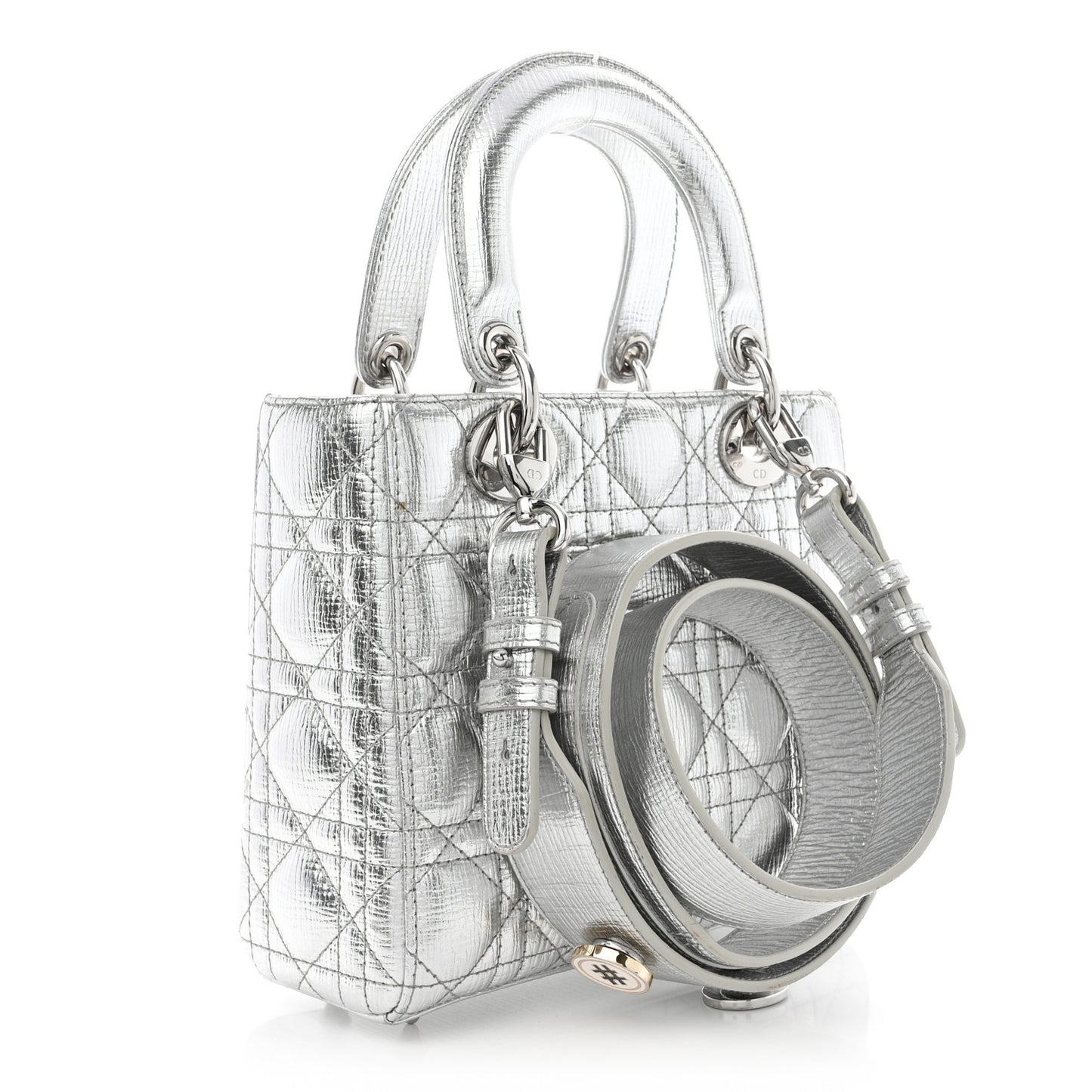 Metallic Grained Calfskin Cannage Small Lucky Badges My Lady Dior Silver
