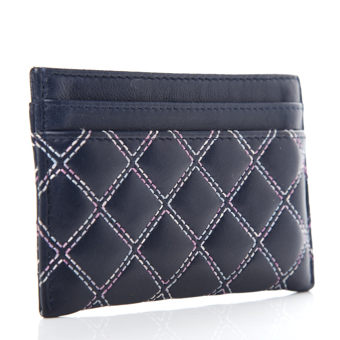 Lambskin Double Stitch Quilted Card Holder Navy Blue