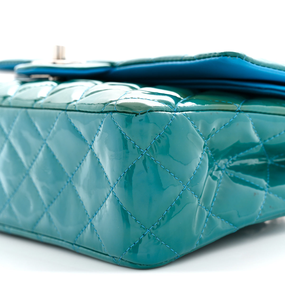 Patent Calfskin Quilted Medium Double Flap Turquoise