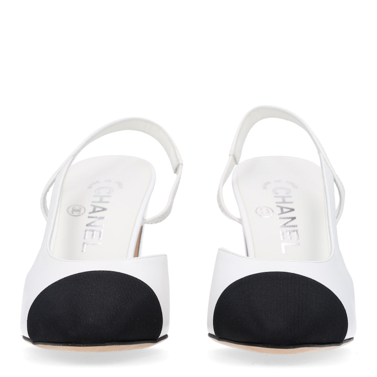 Lambskin Grosgrain Cap Toe CC Slingback Pumps 36 White Black