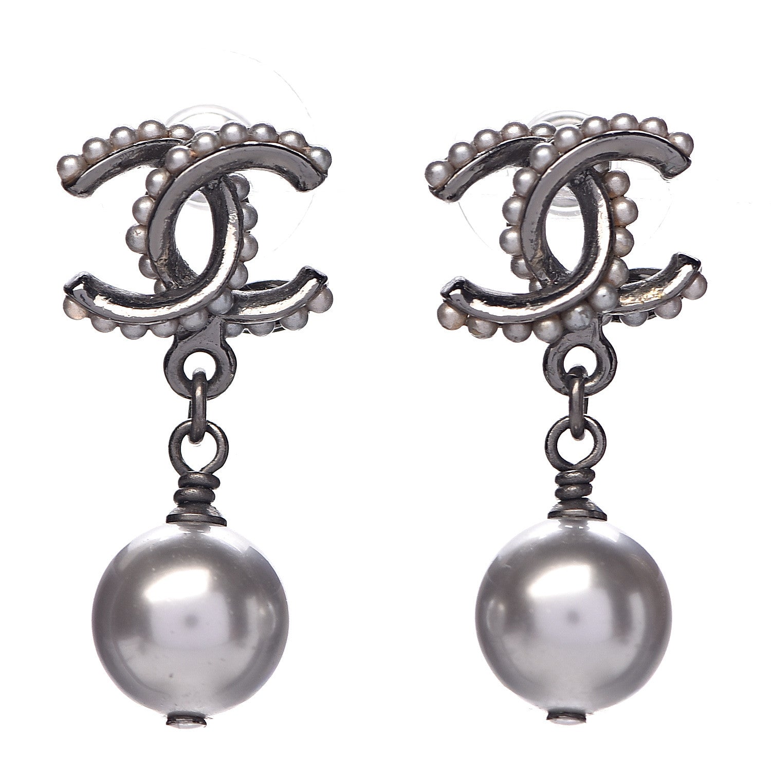 Chanel Pearl CC Drop Earrings Silver 1 of 5