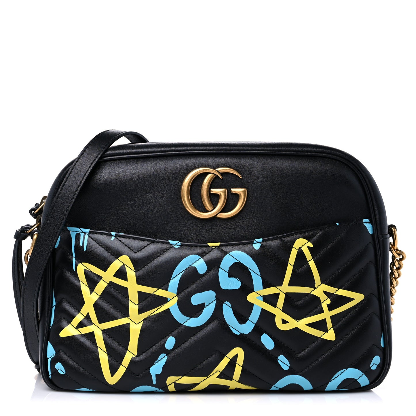 Calfskin Matelasse GucciGhost Medium GG Marmont Chain Shoulder Bag Black New Acquamarine