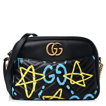 Gucci Calfskin Matelasse GucciGhost Medium GG Marmont Chain Shoulder Bag Black New Acquamarine 1 of 13