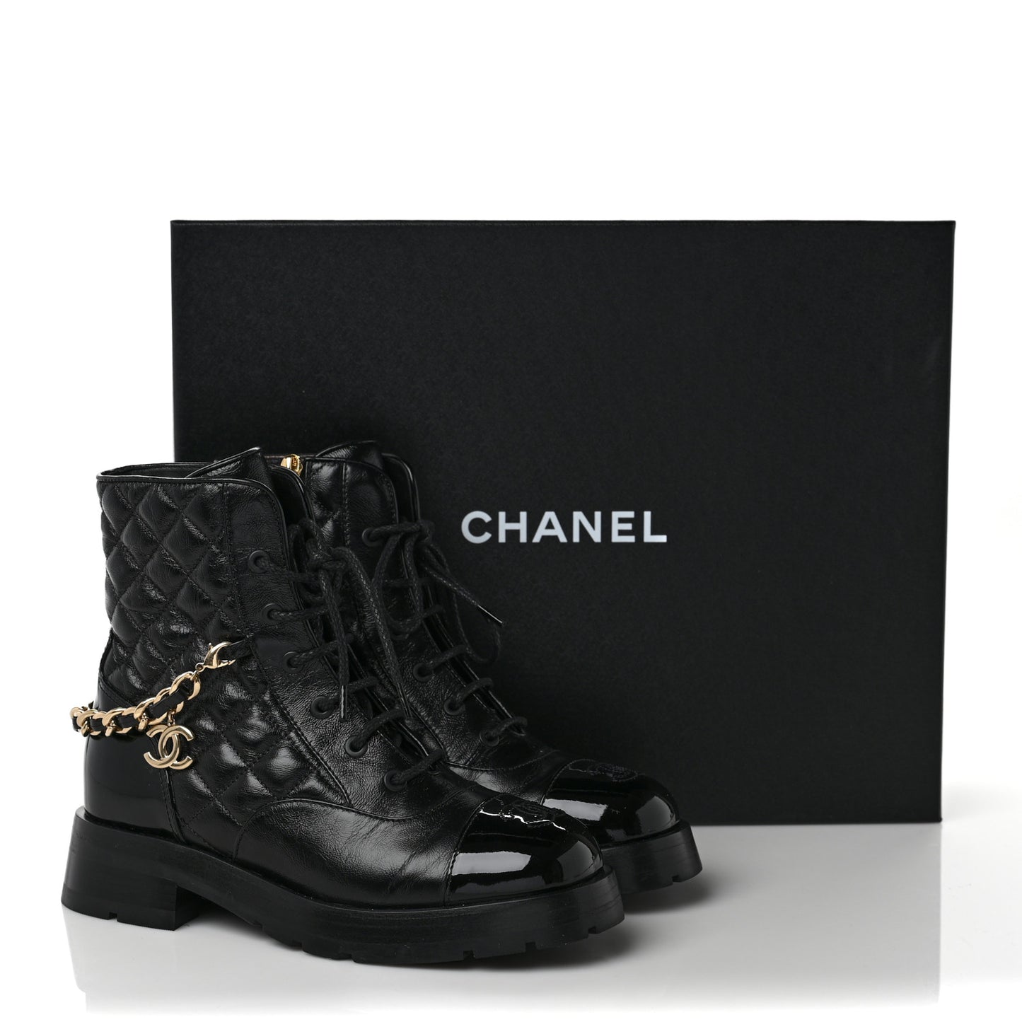 Shiny Calfskin Patent Quilted Chain Lace Up Combat Boots 36.5 Black