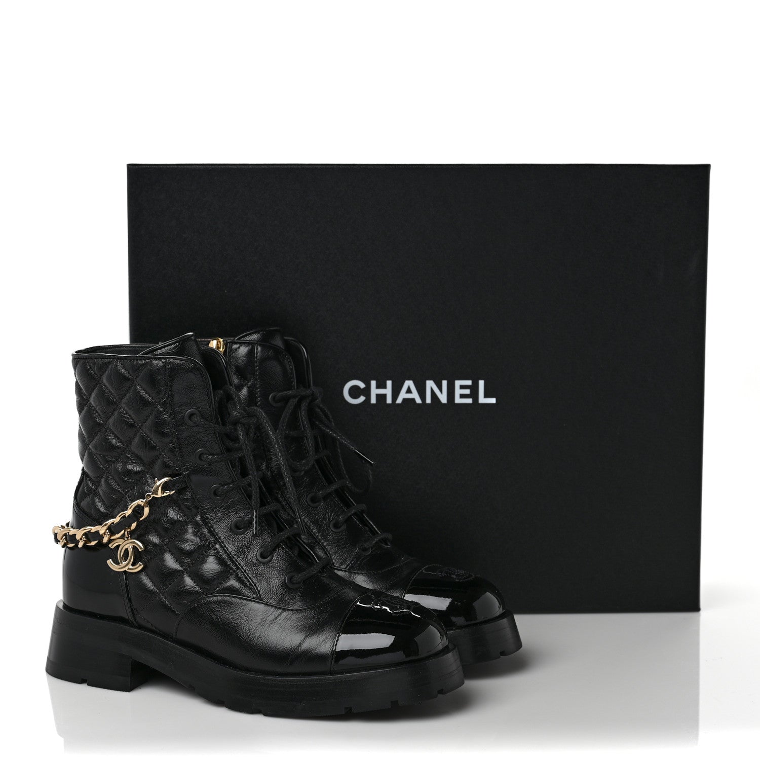 Chanel Shiny Calfskin Patent Quilted Chain Lace Up Combat Boots 36.5 Black 10 of 10