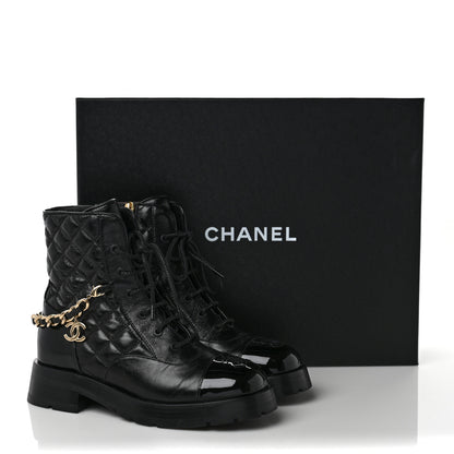 Chanel Shiny Calfskin Patent Quilted Chain Lace Up Combat Boots 36.5 Black 10 of 10