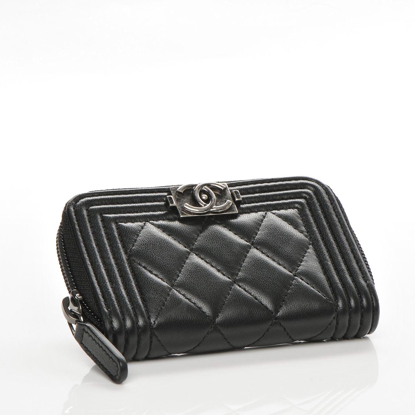 Lambskin Quilted Zip Around Boy Coin Purse Wallet Black