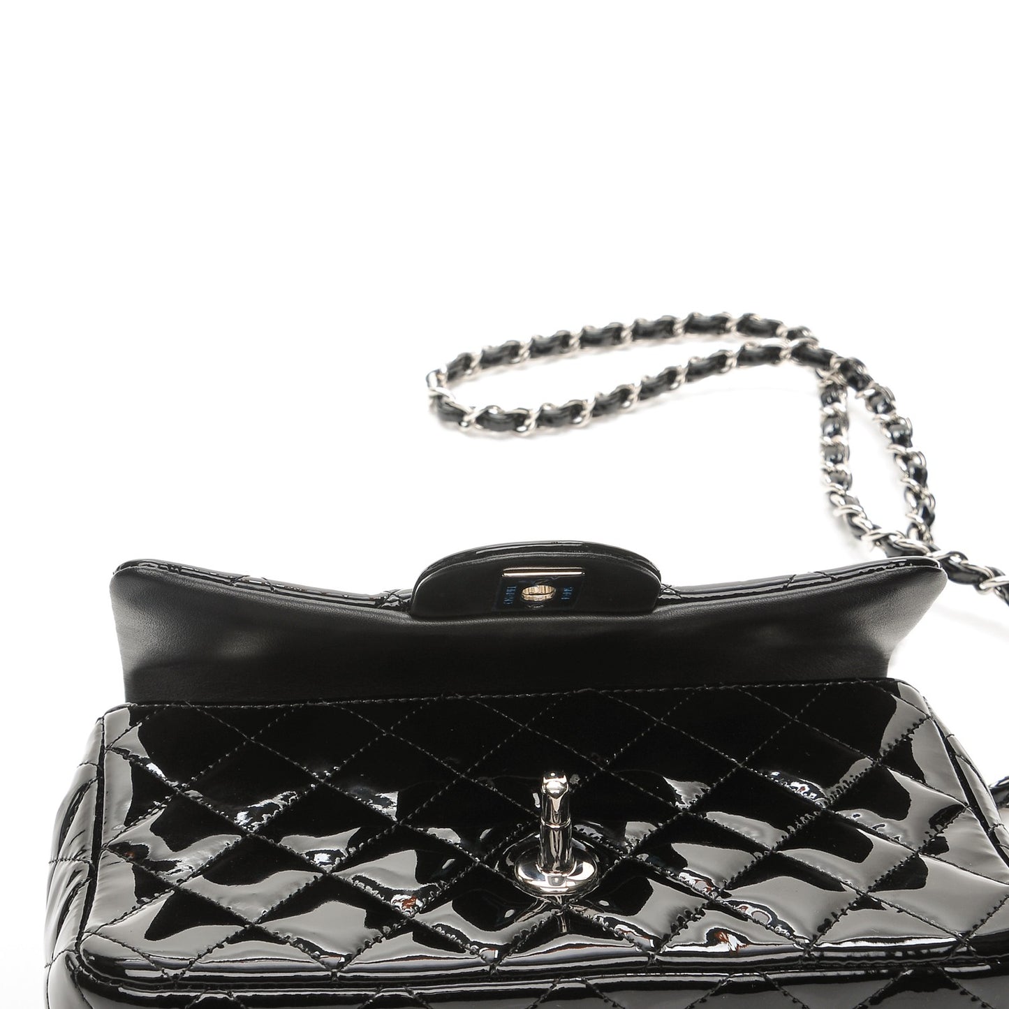Patent Calfskin Quilted Mini Rectangular Flap Black