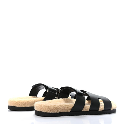 Hermes Calfskin Woolskin Mens Chypre Sandals 43 Black Ecru 4 of 7