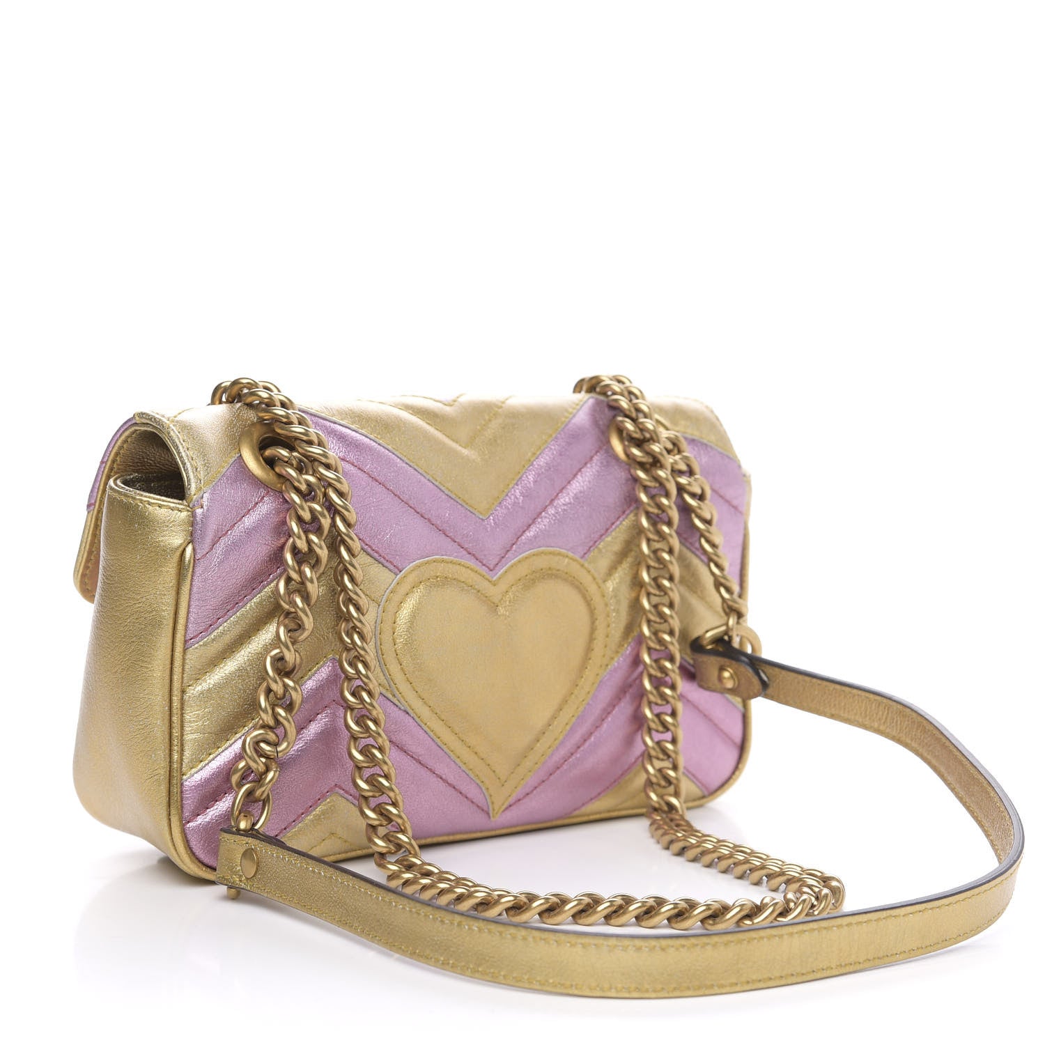 Gucci Metallic Calfskin Matelasse Mini GG Marmont Shoulder Bag Gold Pink 3 of 11