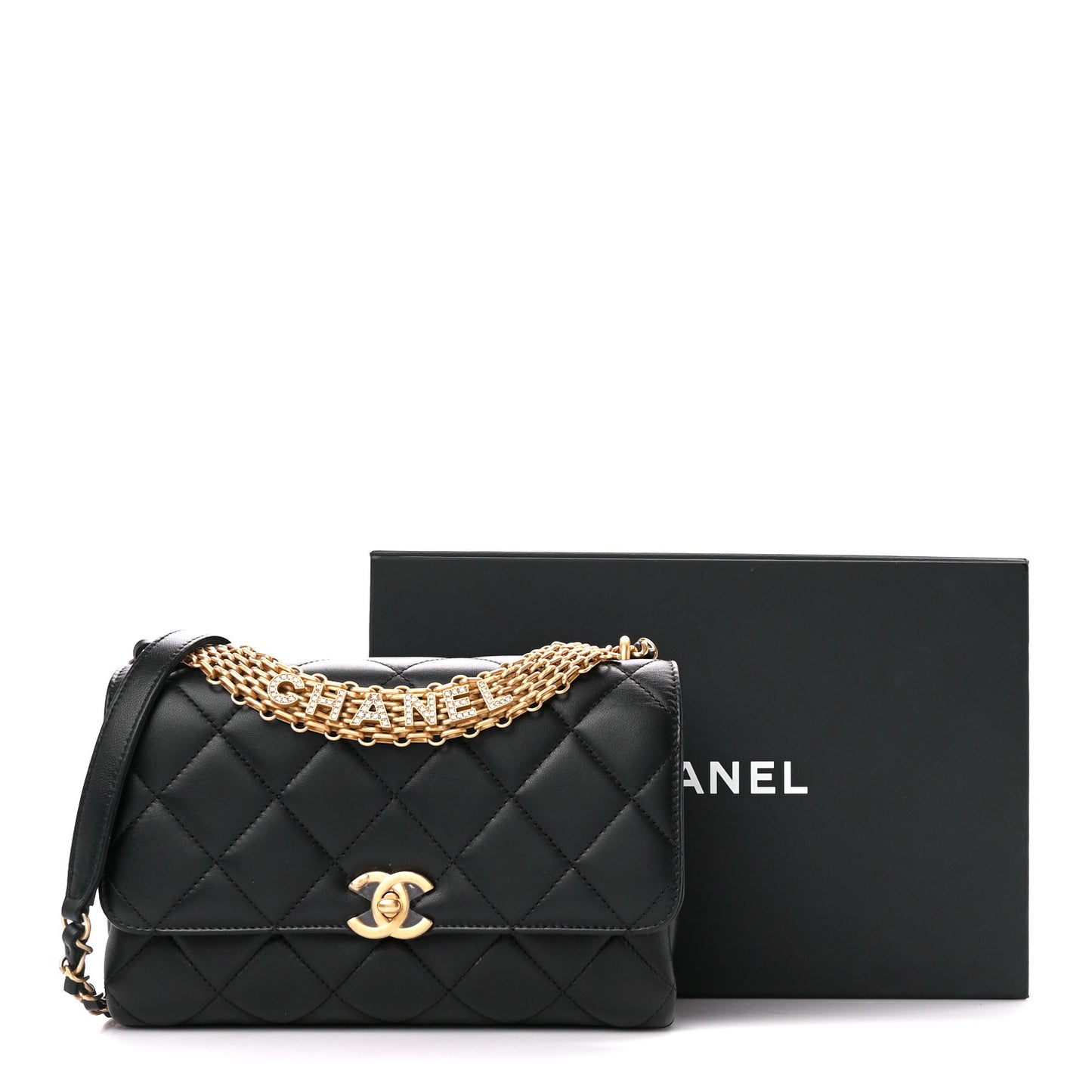 Lambskin Quilted CC Crystal Logo Chain Flap Black