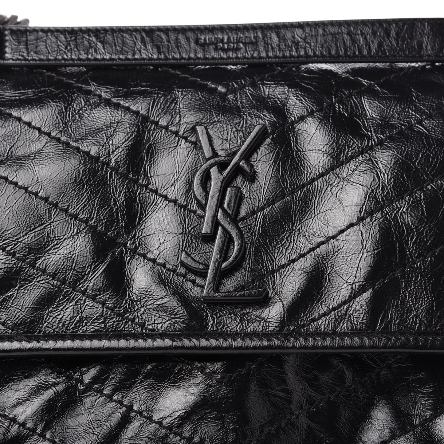 Crinkled Calfskin Matelasse Monogram Medium Niki Chain Satchel Black