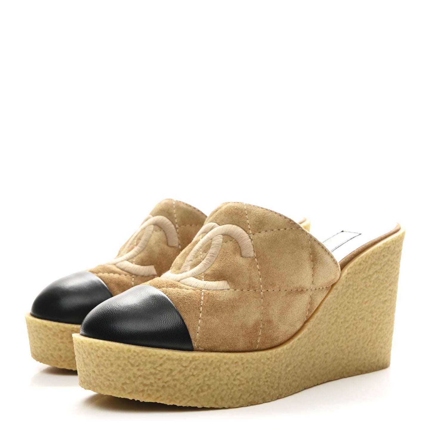 Suede Calfskin Lambskin Quilted CC Mules 37 Beige Black