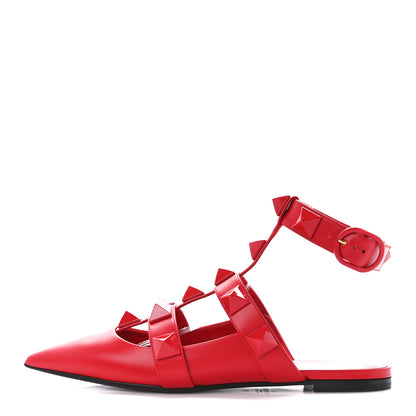Valentino Garavani Calfskin Monochrome Roman Stud Ankle Strap Flat Mules 39 Rouge Pur 1 of 9