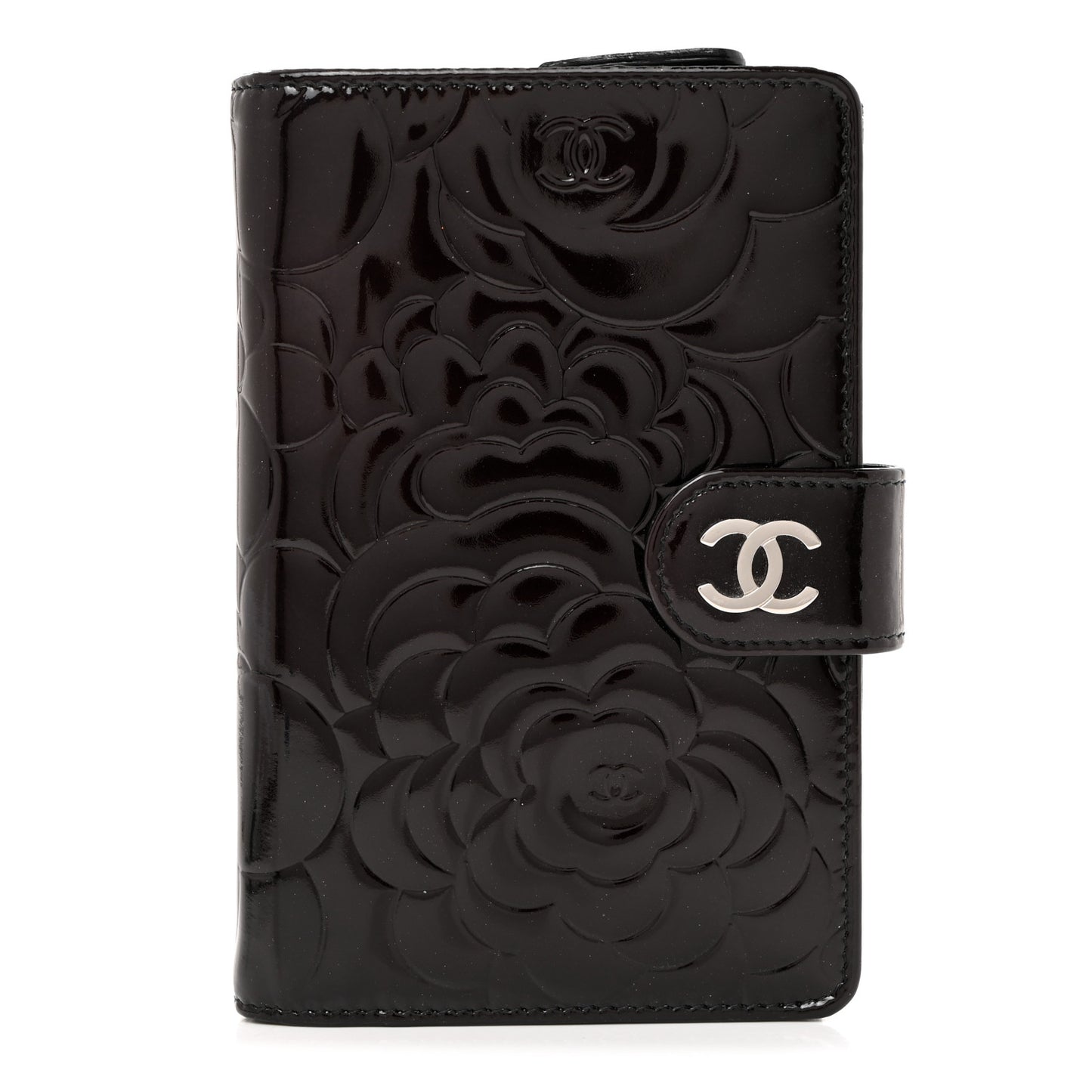 Patent Camellia Embossed Zipped Pocket Wallet Black