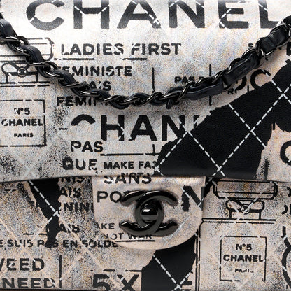 Chanel Metallic Lambskin Painted Feministe Newsprint Medium Double Flap So Black 9 of 15