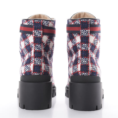 Gucci Vintage Tweed Check Lace Up Combat Ankle Boots 40 White Hibiscus Red Marine 5 of 10