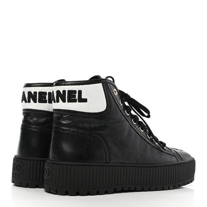 Chanel Aged Calfskin Lace Up Cap Toe Sneakers 38 Black White 4 of 8