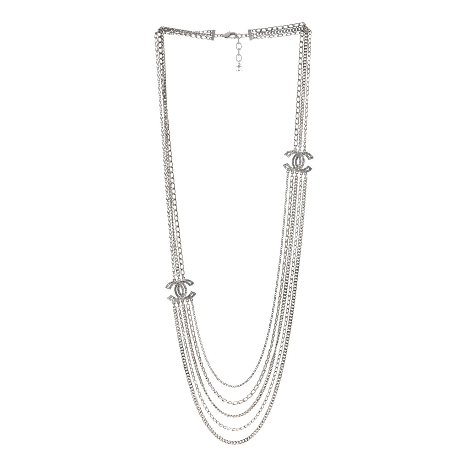 Chanel Baguette Crystal CC Multi Strand Long Chain Necklace Silver 2 of 4