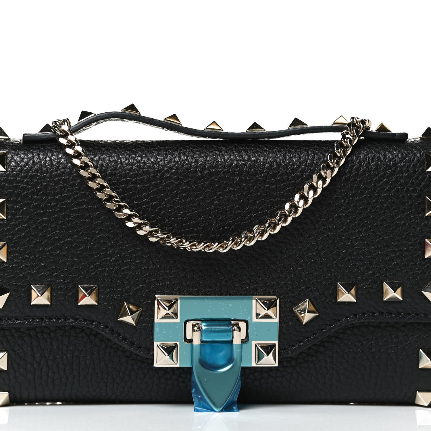 Valentino Garavani Pebbled Calfskin Rockstud Flip Lock Wallet On Chain Black 7 of 14