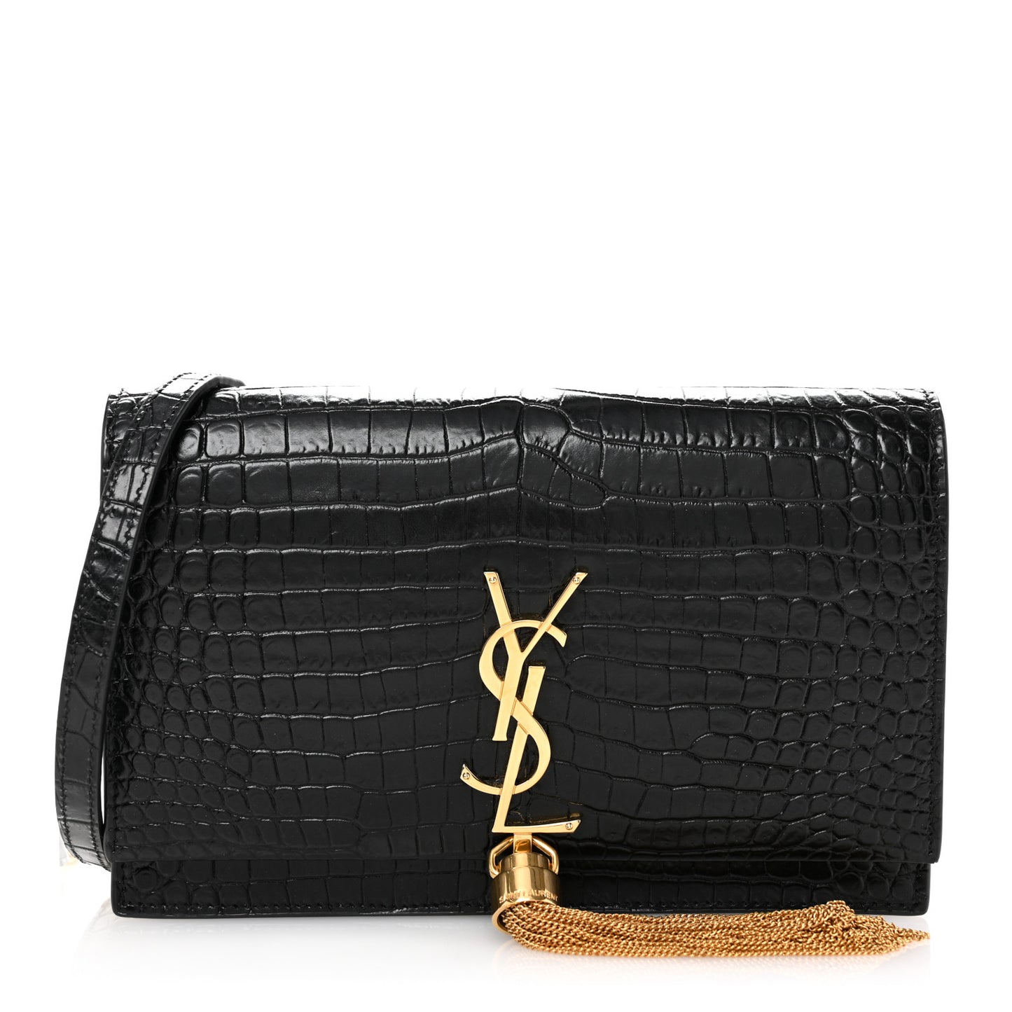 Calfskin Crocodile Embossed Kate Monogram Tassel Chain Wallet Black