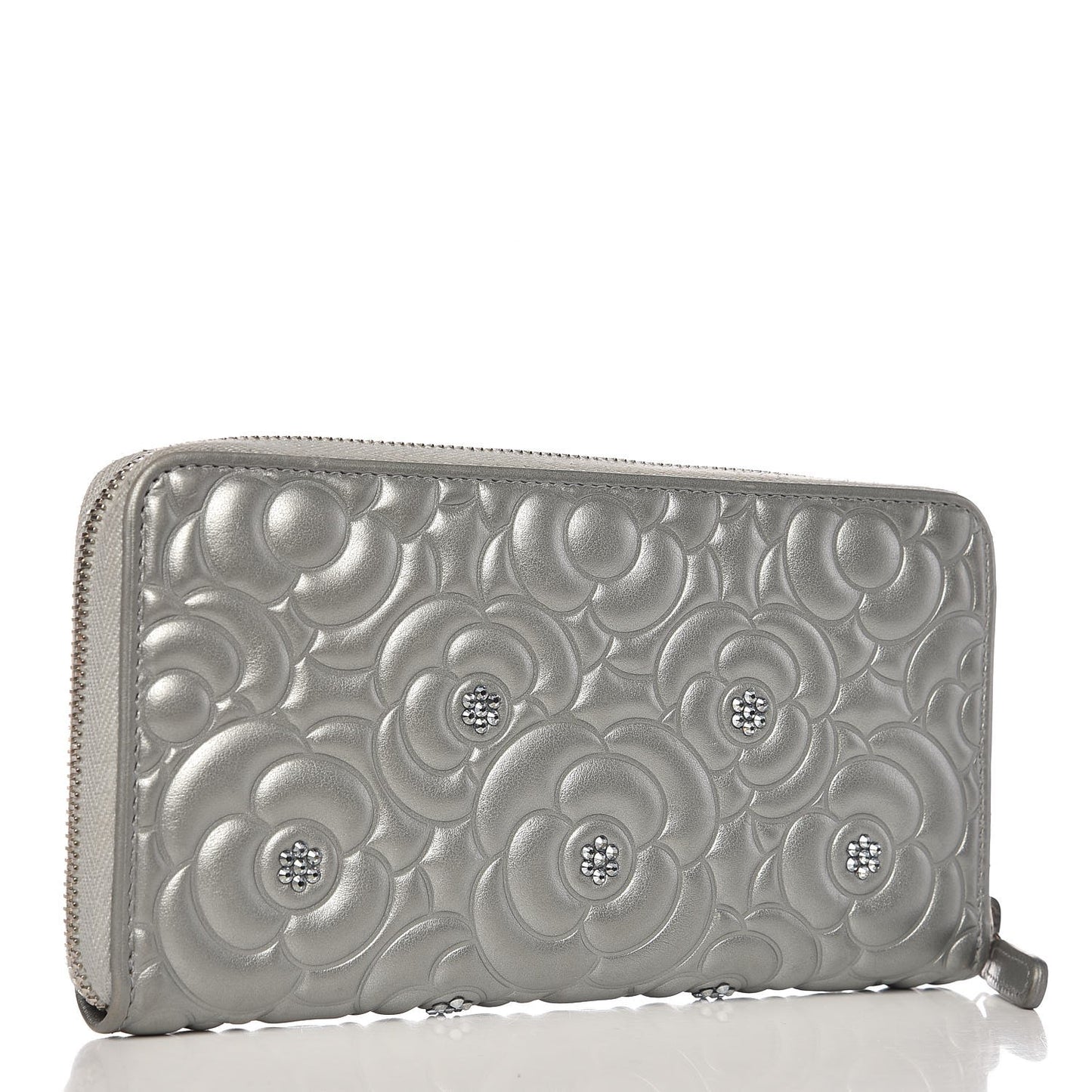 Metallic Calfskin Diamante Camellia Zip Around Wallet Silver