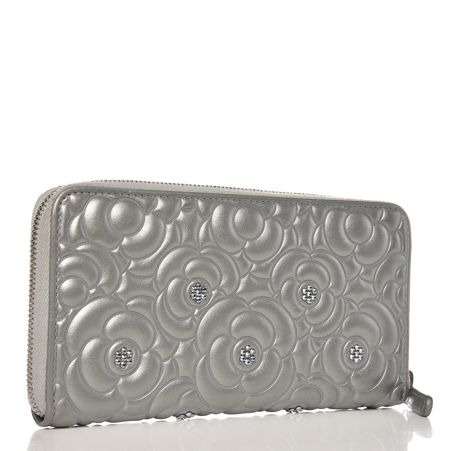 Chanel Metallic Calfskin Diamante Camellia Zip Around Wallet Silver 3 of 9
