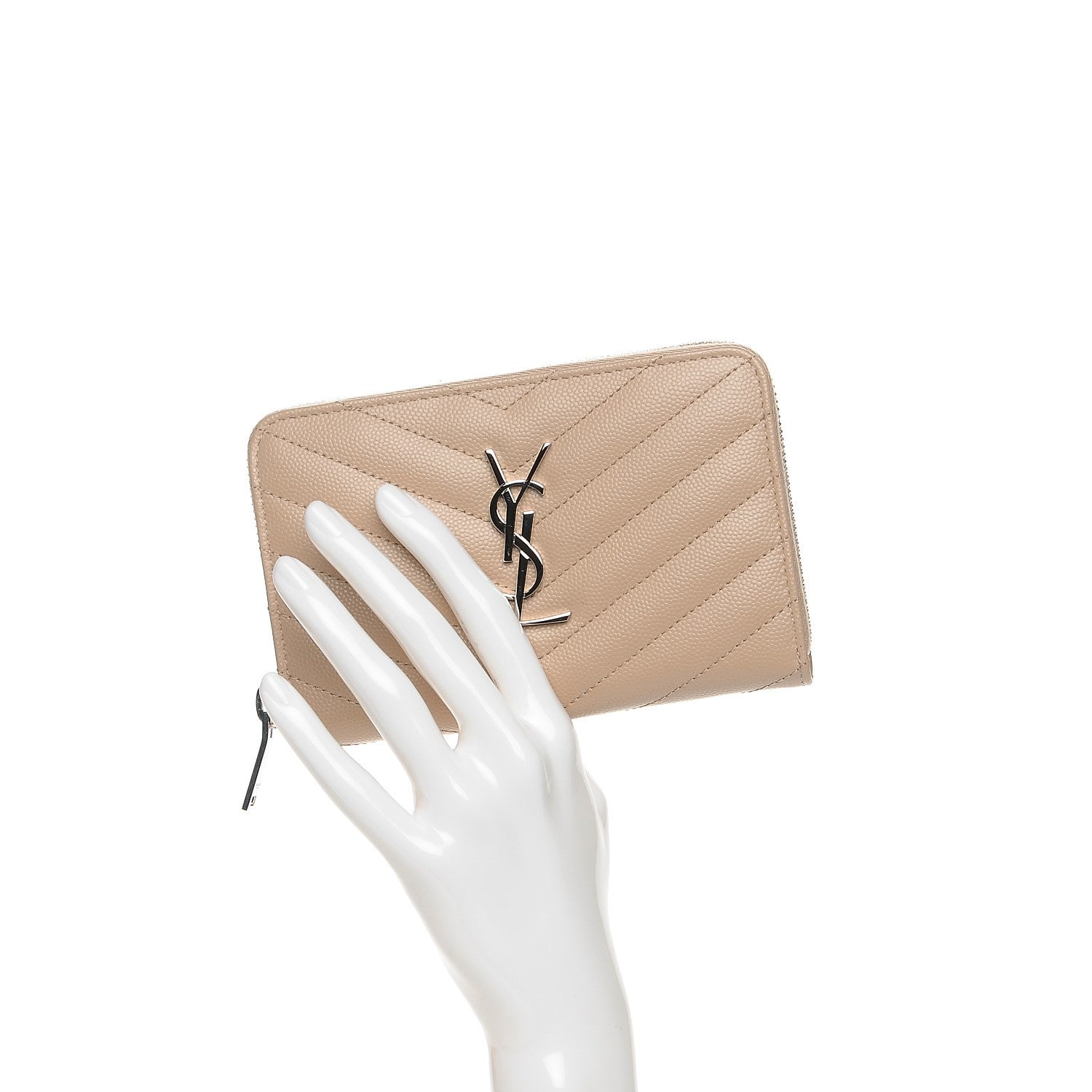 Saint Laurent Grain De Poudre Matelasse Chevron Monogram Zip Around Wallet Dark Beige 2 of 7