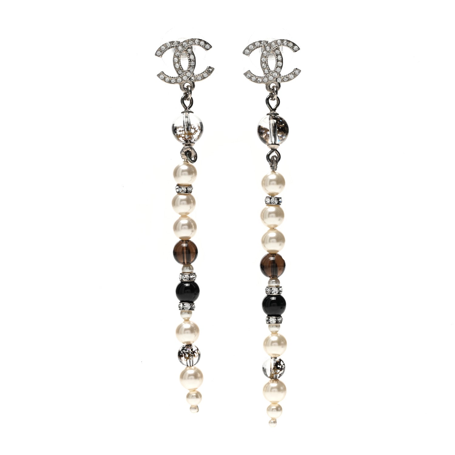 Chanel Pearl Bead Crystal CC Long Drop Earrings Black Silver 1 of 5