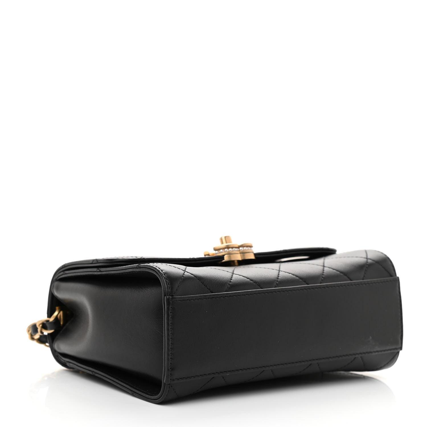 Chanel Lambskin Stitched Pearl Logo Top Handle Flap Black 4 of 11