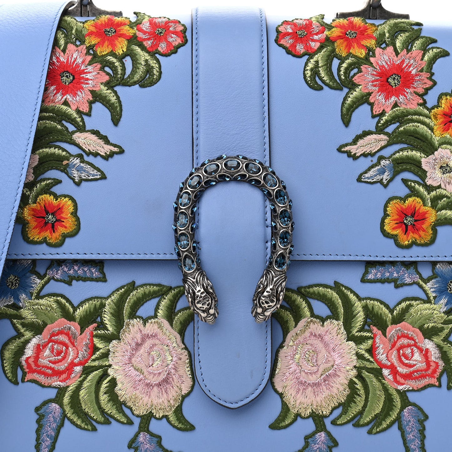Moon Calfskin Crystal Web Embroidered Large Dionysus Bamboo Top Handle Bag Clear Sky Blue Multicolor