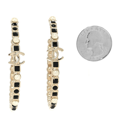 Chanel Crystal Pearl CC Hoop Earrings Gold Black 2 of 4