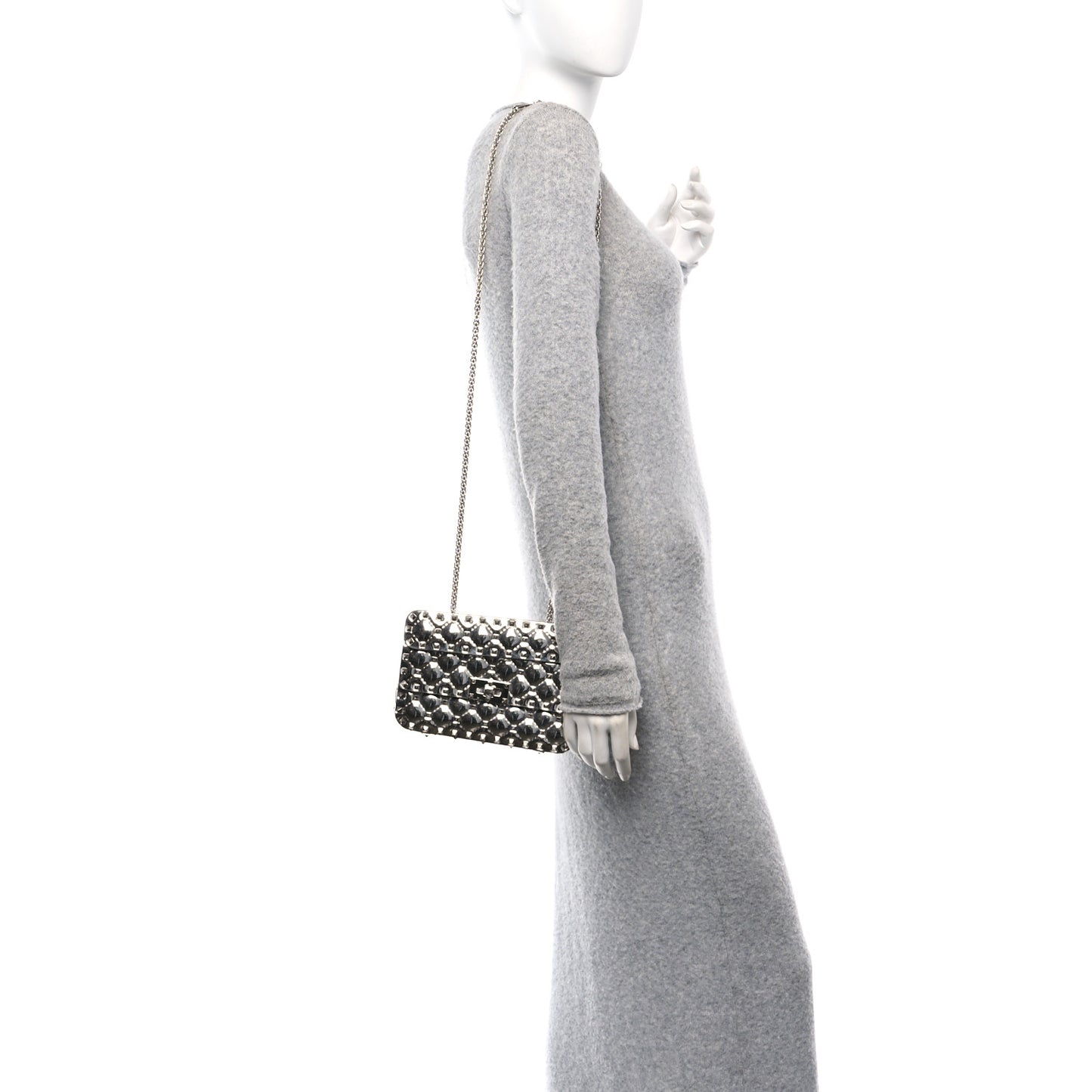 Metallic Patent Quilted Small Rockstud Spike Shoulder Bag Silver