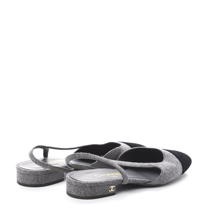 Chanel Wool Velvet Cap Toe CC Slingback Pumps 36.5 Black Grey 4 of 7