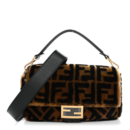 Fendi Shearling Vitello Dolce Macro FF 1974 Baguette Tobacco Black 1 of 9