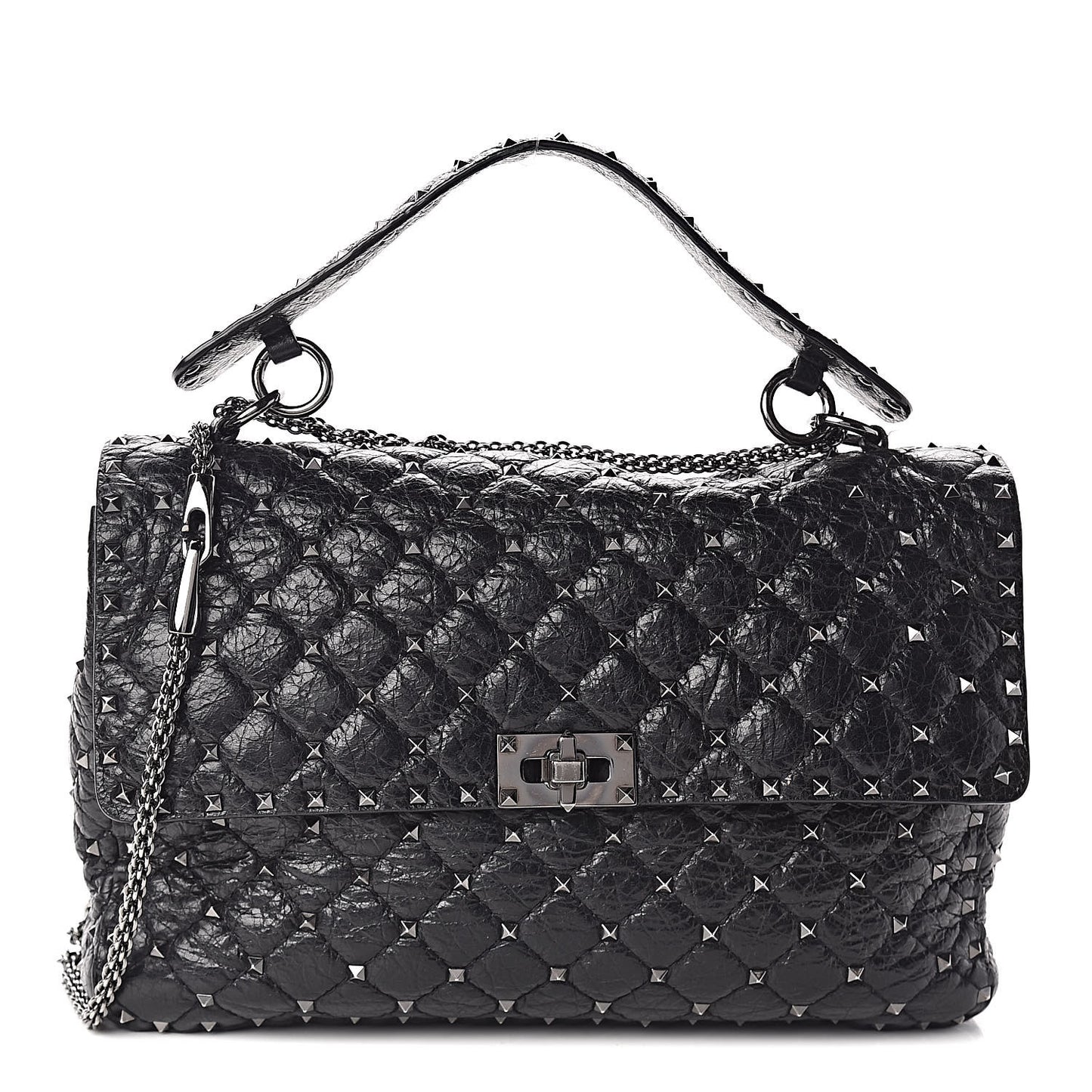 Craquele Nappa Large Rockstud Spike Shoulder Bag Black