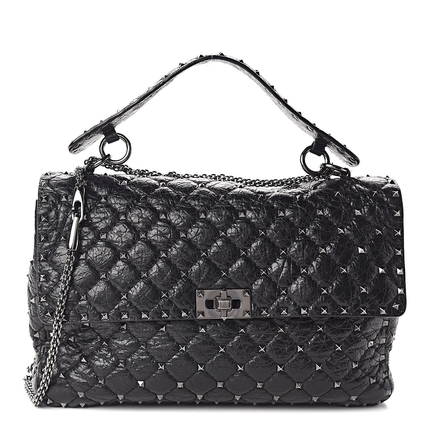 Valentino Garavani Craquele Nappa Large Rockstud Spike Shoulder Bag Black 1 of 10
