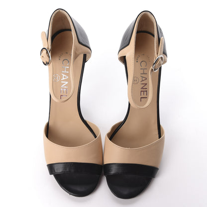 Chanel Lambskin Peep Toe Sandals 36.5 Beige Black 5 of 11