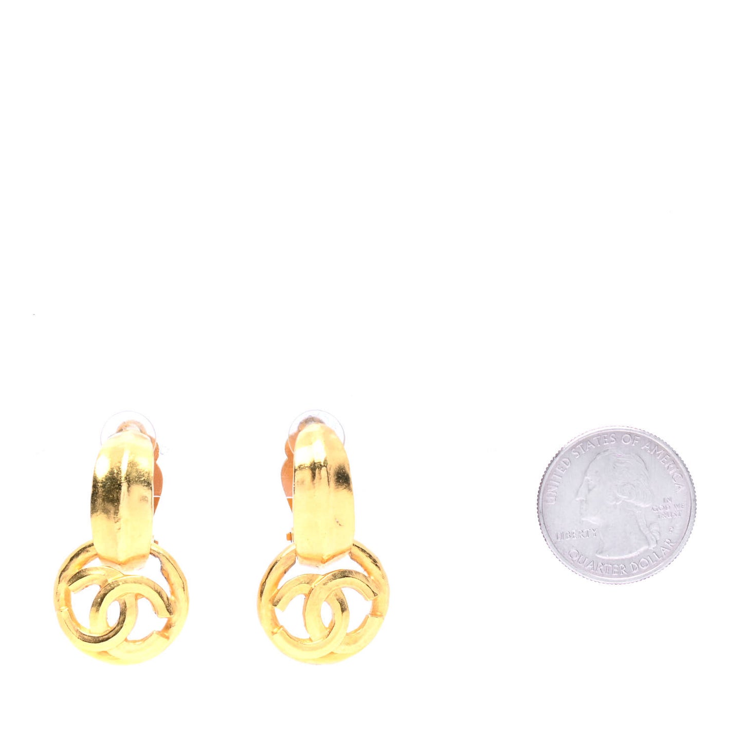 Metal Round CC Drop Clip On Earrings Gold