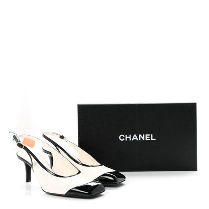 Chanel Lambskin Patent Calfskin Cap Toe CC Slingback Pumps 40 White Black 10 of 10