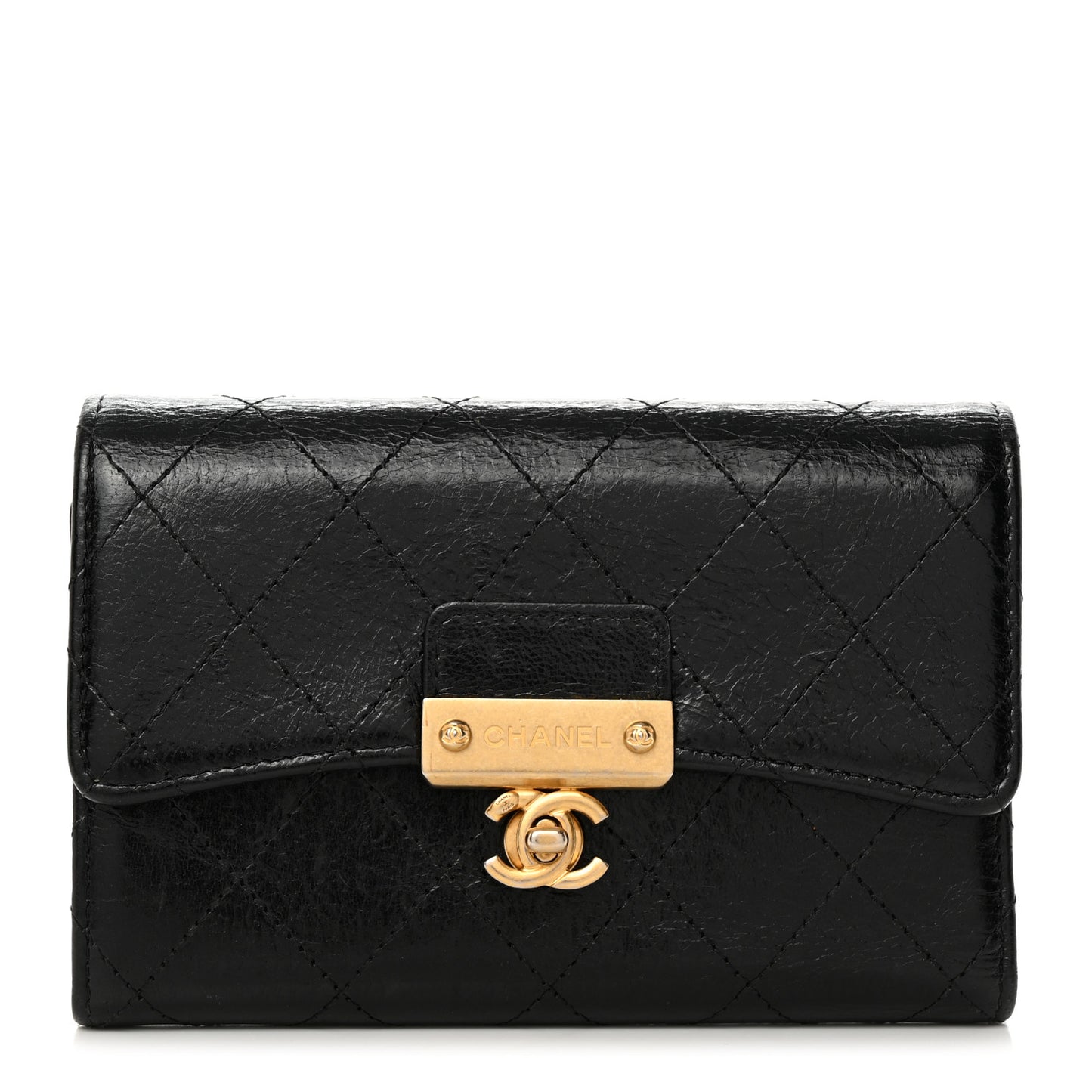 Goatskin Stitched Small Golden CC Flap Wallet Black