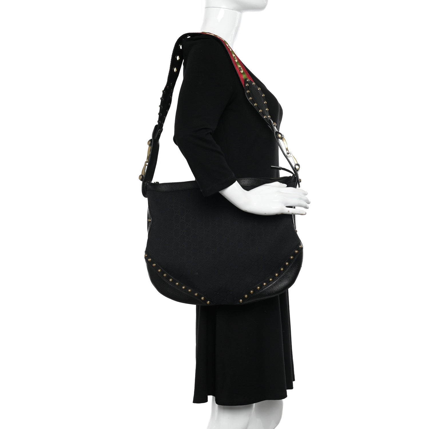 Gucci Monogram Pelham Studded Shoulder Bag Black 2 of 9